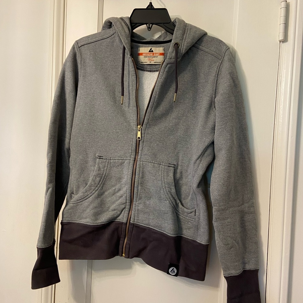 American Giant Gray and Plum Zip-Up Jacket with Hood